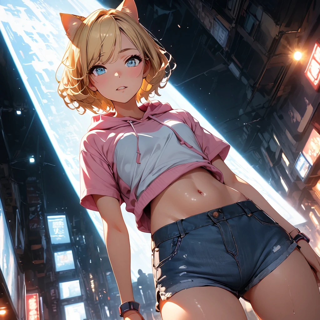 sexy、sexyなポーズ、Blonde Hair、Very Short Hair、Cat ears of the same color as the hair、Plain pink short sleeve hoodie、Short denim shorts、Belly button、sneakers、Turquoise Eyes、Flat Chest、Pure white background,Depth of written boundary,Low angle view,Calf Level View,Overclocked Renderer,Cinema Lighting,Ultra-fine,Very detailed,complicated,Cinematic Perspective,CG Art,