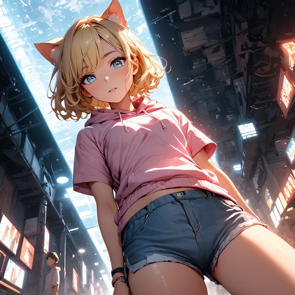 sexy、sexyなポーズ、Blonde Hair、Very Short Hair、Cat ears of the same color as the hair、Plain pink short sleeve hoodie、Short denim shorts、Belly button、sneakers、Turquoise Eyes、Flat Chest、Pure white background,Depth of written boundary,Low angle view,Calf Level View,Overclocked Renderer,Cinema Lighting,Ultra-fine,Very detailed,complicated,Cinematic Perspective,CG Art,