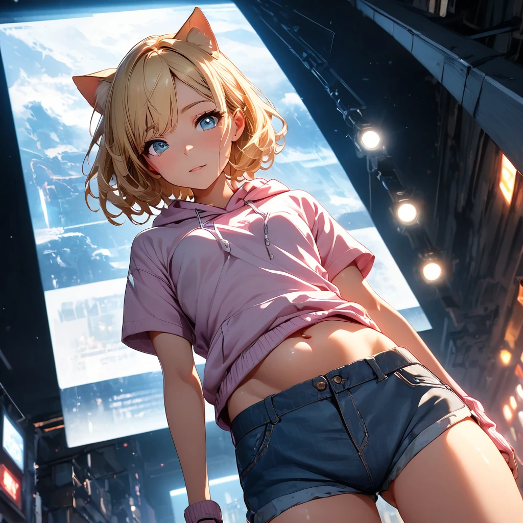 sexy、sexyなポーズ、Blonde Hair、Very Short Hair、Cat ears of the same color as the hair、Plain pink short sleeve hoodie、Short denim shorts、Belly button、sneakers、Turquoise Eyes、Flat Chest、Pure white background，Depth of written boundary，Low angle view，Calf Level View，Overclocked Renderer，Cinema Lighting，Ultra-fine，Very detailed，complicated，Cinematic Perspective，CG Art，