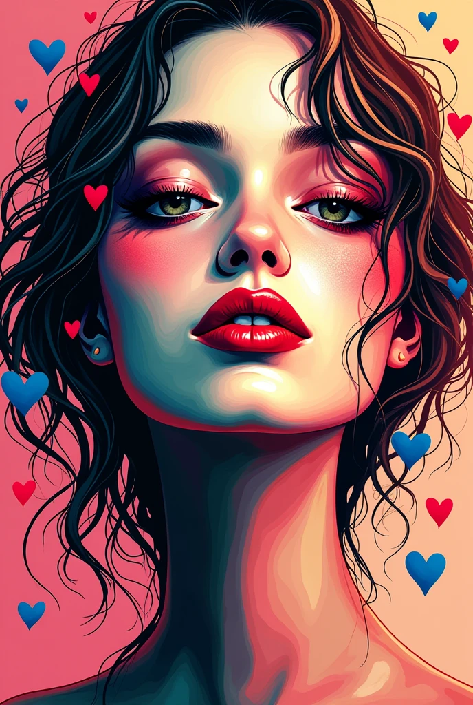 Black Star colorful style, Simple Line Initialism,Abstract art,(((The most beautiful girl of all time))), Sweet face. (((Lips in love))), colorful hearts, stylish design, 夏のオシャレなTシャツ, 黒い瞳,