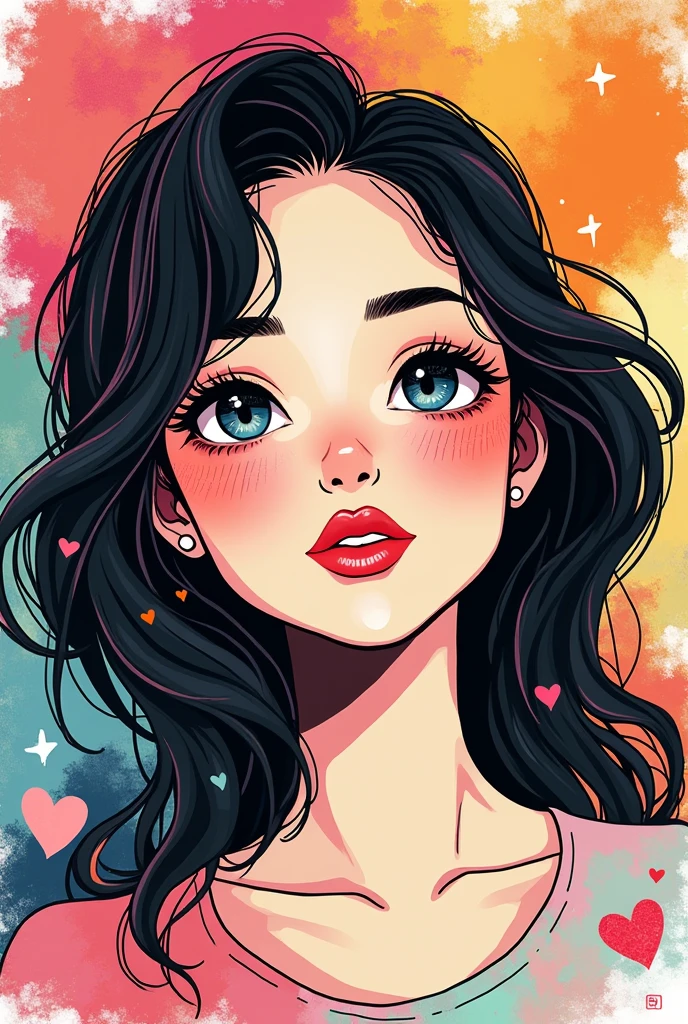 Black Star colorful style, Simple Line Initialism,Abstract art,(((The most beautiful girl of all time))), Sweet face. (((Lips in love))), colorful hearts, stylish design, 夏のオシャレなTシャツ, 黒い瞳,