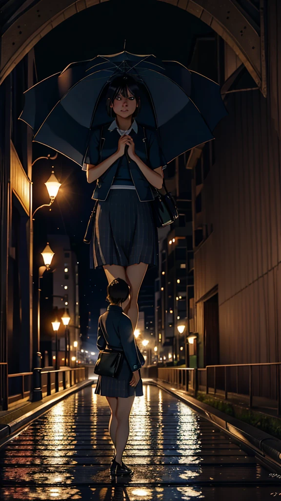 Osaka night, raining day, without crowded, masterpiece, best quality, high quality,extremely detailed CG unity 8k wallpaper, HDR, Chromatic Aberration ,Photorealistic,extremely detailed, trending on artstation, trending on CGsociety, Intricate, High Detail, dramatic, art by midjourney Young Woman、Short Hair、One person、breast enhancement、Japanese、Summer suit、Short skirt、Gazing at the bridge、Tears flowing、