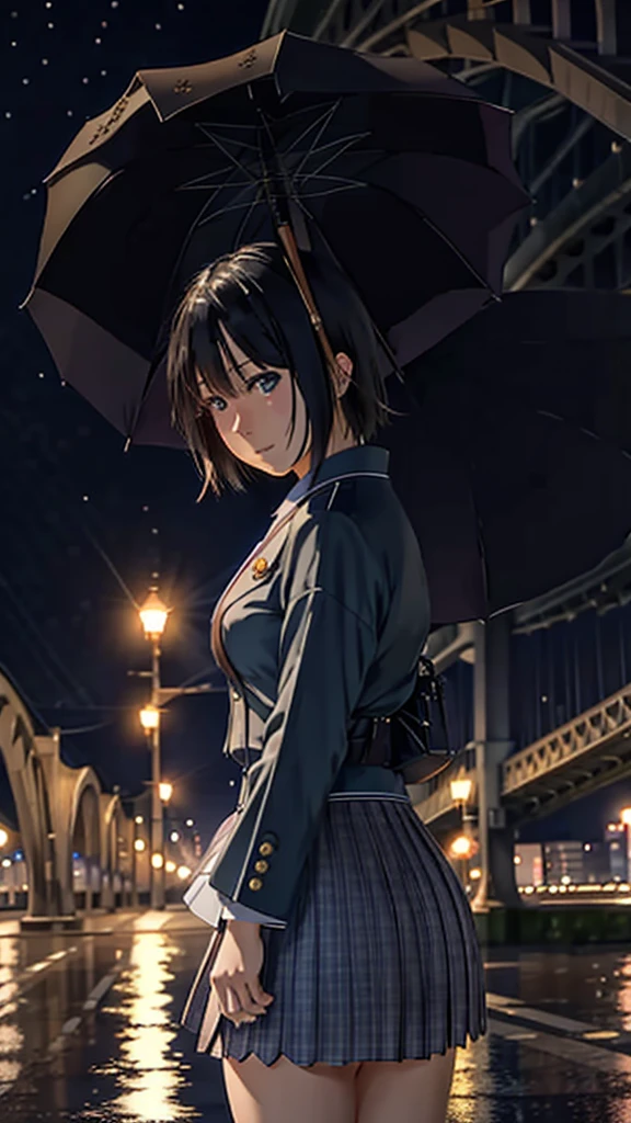 Osaka night, raining day, without crowded, masterpiece, best quality, high quality,extremely detailed CG unity 8k wallpaper, HDR, Chromatic Aberration ,Photorealistic,extremely detailed, trending on artstation, trending on CGsociety, Intricate, High Detail, dramatic, art by midjourney Young Woman、Short Hair、One person、breast enhancement、Japanese、Summer suit、Short skirt、Gazing at the bridge、Tears flowing、