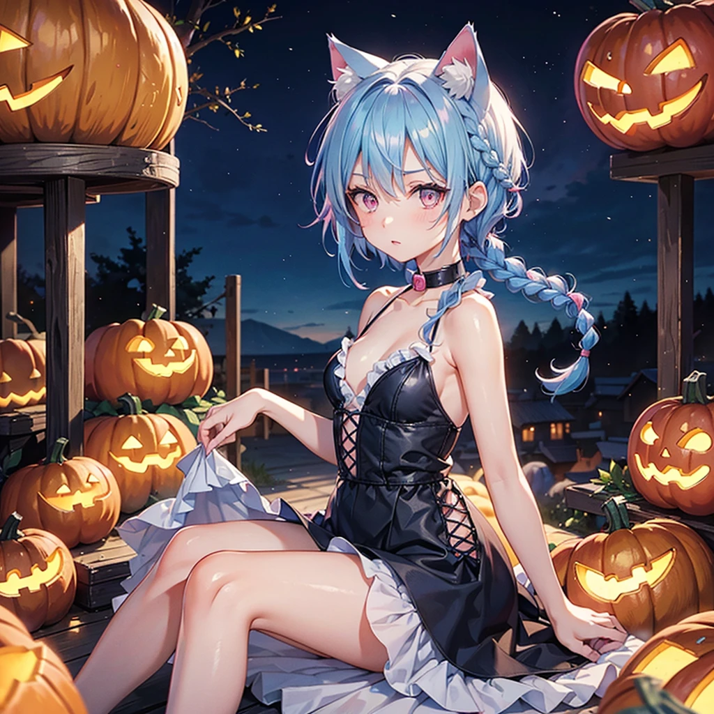 (Sky blue hair),(Braided short hair), (Pink Eyes),Fair skin) ,(whole body),(One Girl),(There are lots of pumpkin ghosts in the background),Cat ear,Cat's Tail,(Sailor suit),(Bruises and ugly faces),(Fall into Darkness),If you don't give me sweets, I'll play a prank on you.),(Halloween Night Party),(masterpiece, Highest quality, Very detailed, Best Shadow), (Detailed Background), (Beautifully detailed face), High Contrast, (Best lighting, Very delicate and beautiful), ((Cinematic Light)), Hyper Detail,8k, Dramatic Light, Intricate details,night,(Bats flying in the background),High quality