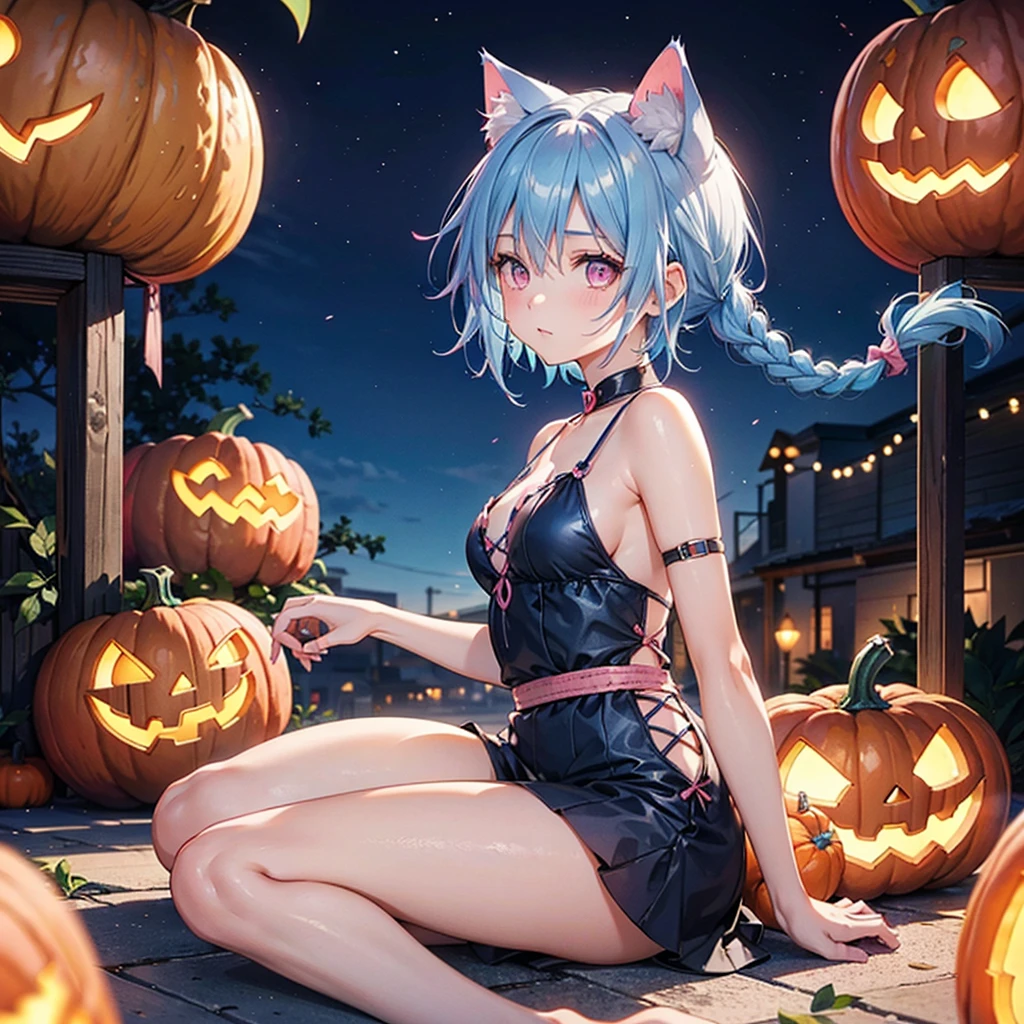 (Sky blue hair),(Braided short hair), (Pink Eyes),Fair skin) ,(whole body),(One Girl),(There are lots of pumpkin ghosts in the background),Cat ear,Cat&#39;s Tail,(Sailor suit),(Bruises and ugly faces),(Fall into Darkness),If you don't give me sweets, I'll play a prank on you.),(Halloween Night Party),(masterpiece, Highest quality, Very detailed, Best Shadow), (Detailed Background), (Beautifully detailed face), High Contrast, (Best lighting, Very delicate and beautiful), ((Cinematic Light)), Hyper Detail,8k, Dramatic Light, Intricate details,night,(Bats flying in the background),High quality