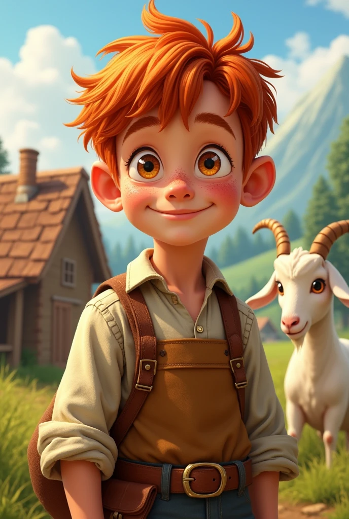 curly redhead boy, with freckles, aged 17 years old, golden eyes, goofy happy expression, peasant and farmer, with a pet goat