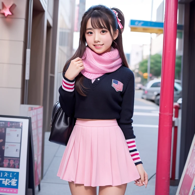 18 year old japanese girl、Miss America、Pink outfit、Big star on chest、Stars and Stripes、Bust Emphasis、scarf、Wearing a mini skirt、Positive、Girlfriend feeling、Idol、Bonytail、Very detailed