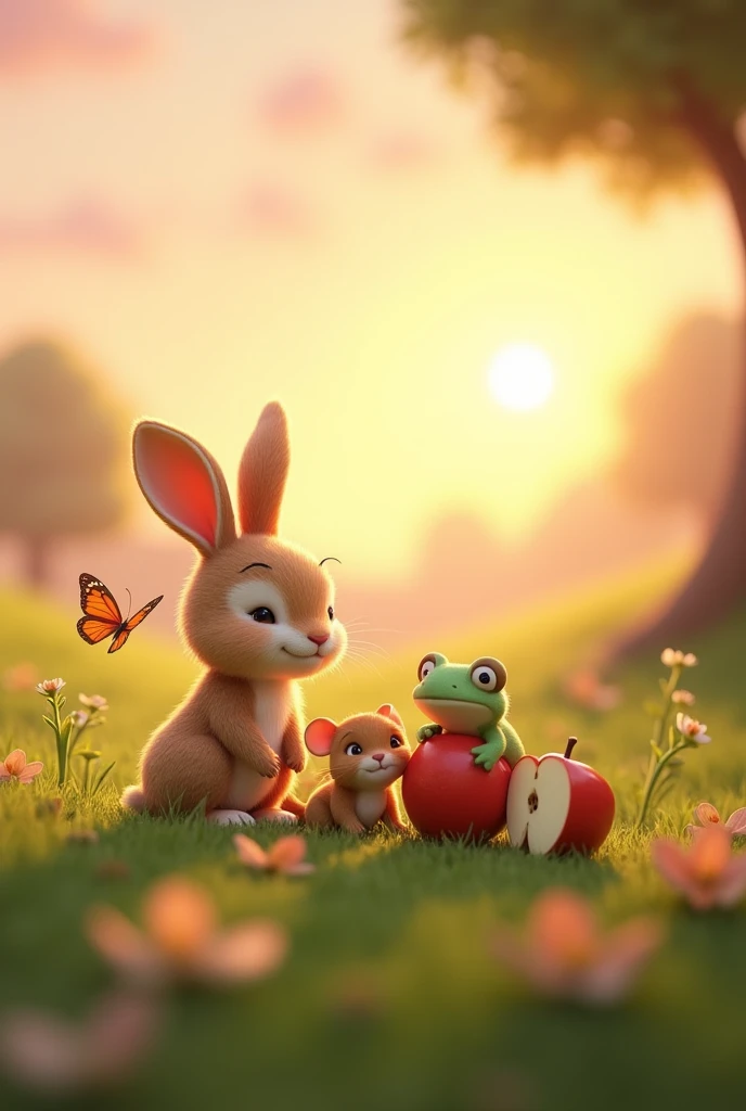 A serene meadow scene with the rabbit and its friends—the mouse, the butterfly, and the frog—resting after their teamwork, (the apple core lying nearby), the sun is setting, casting long shadows, and the sky is painted with soft pink and orange hues, symbolizing a day well spent in friendship and cooperation, um personagem animado, Caractere estilizado, animation style rendering, 3D estilizado, Arnold Maya render, 3 d render stylized, toon render keyshot, Personagem 3D, Personagem 3D, 3d rendering stylized, 3d character render, personagem de desenho animado, Personagem