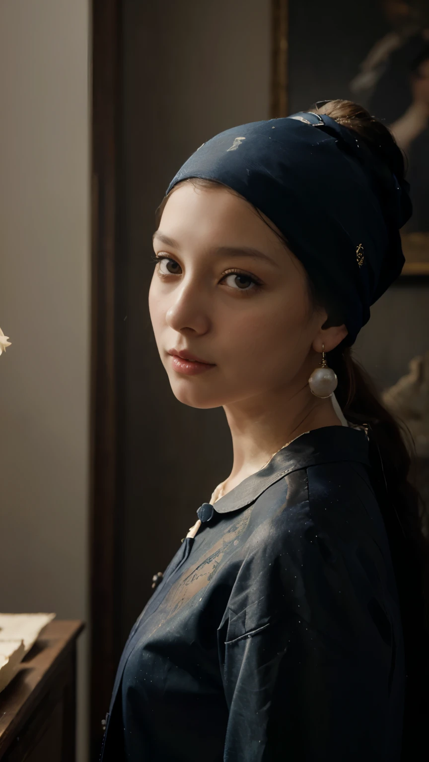 **Painting:** Girl with a Pearl Earring by Johannes Vermeer (c. 1665)
**explanation:**
A girl standing facing the viewer, Her head turned slightly to the side. He has an enigmatic expression on his face, and、Her eyes、It seems to follow viewers wherever they go.. Wearing a simple blue and white turban, A single pearl earring dangles from her left ear..
A girl is standing in a dark room, Only a faint light illuminated her face.. The background is blurred, therefore、It's hard to tell what's behind her. but, The viewer can see some details, Wooden walls and curtains.
The girl's turban is made of soft blue fabric, and、It's tied neatly around her head. Pearl earrings are、It's the only bright color in the picture., and、It stands out against the girl's dark hair and turban..
The girl's pose is graceful and natural. Stand with your weight evenly distributed on both feet, and彼女の腕は彼女の両脇でリラックスしています. Her head is tilted slightly to the side, and彼女は視聴者をまっすぐに見つめている.
A masterpiece of light and shadow. Vermeer uses light to create depth and atmosphere. The girl's face is illuminated by a soft light., While the background is blurred and dark. This contrast of light and shadow、Creates a sense of mystery and intrigue.
**analyze:**
The girl with a pearl earring、世界で最も有名で愛されているPaintingの1つです. オランダ黄金時代のPaintingの傑作です, and、Known for its beauty, realism, and謎.
Vermeer was a master of light and shadow, and、He uses these elements to great effect in this painting.. The girl's face is illuminated by a soft light., While the background is blurred and dark. This contrast of light and shadow奥行きと雰囲気を醸し出します.
The girl's pose is also very impressive.. She stands facing the viewer, Her head turned slightly to the side. He has an enigmatic expression on his face,