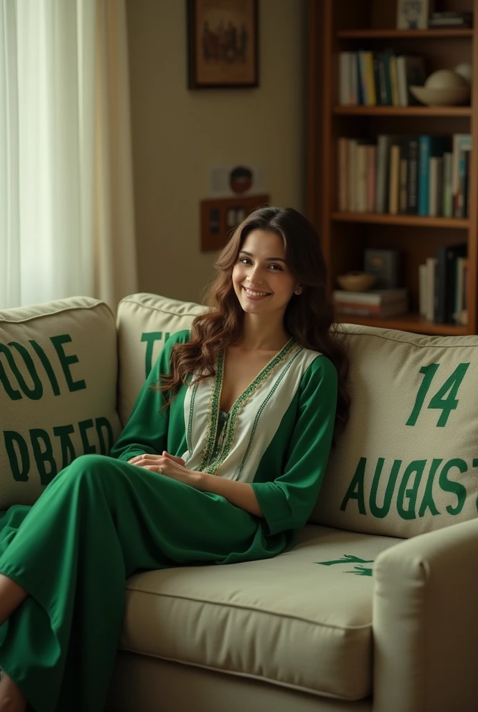 a girl around 28 year old sitting on sofa wearing green and white dress of independence of Pakistan holding a couch and 14 august was written on the couch with green color 
