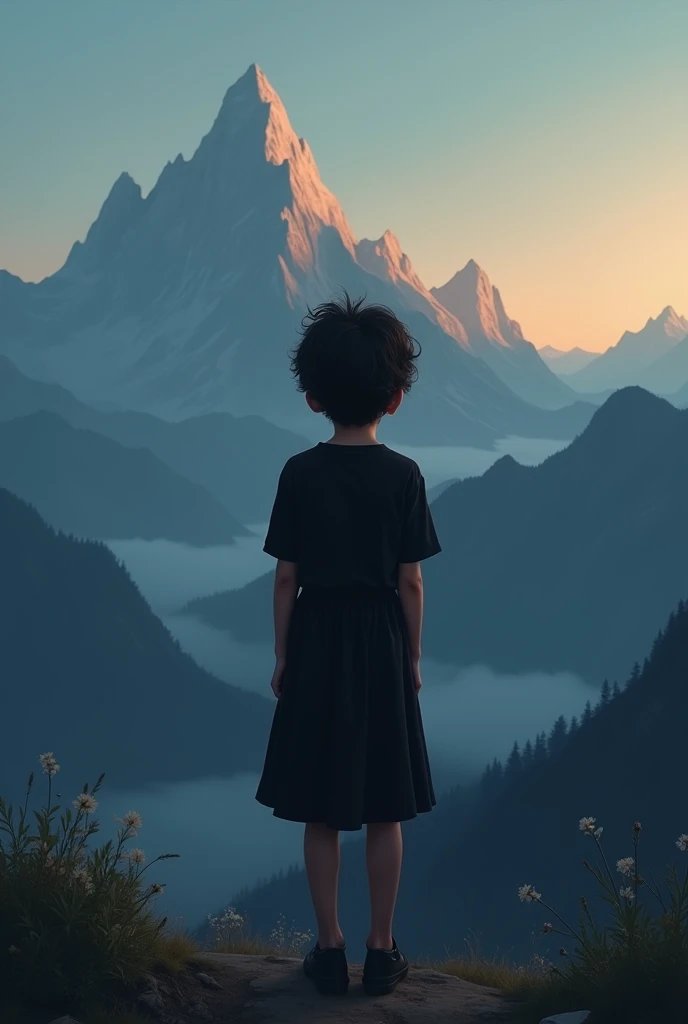 Along, funny, 18 years old boy, back fon mountain, not draw face , black dress, image fon evening