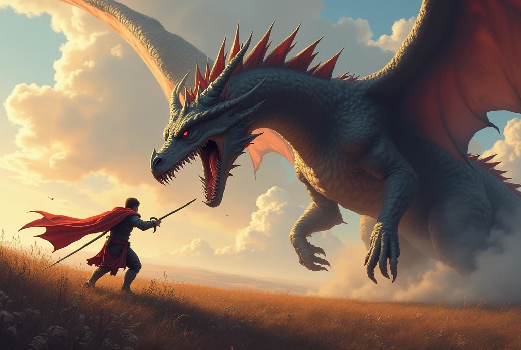 A powerful, close-up, pixelated image of a hero fighting a dragon on a vast plain.