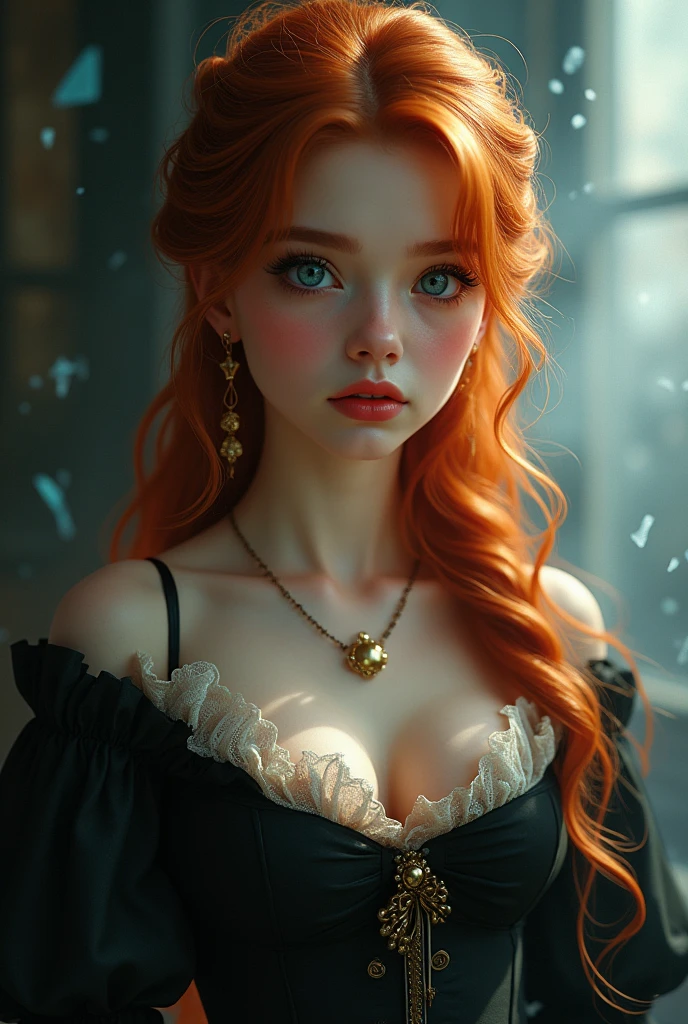 (solo, full body photo:1.3), (action packed:1.3), (haze, fog, mist:1.3), chiaroscuro, best quality, photorealistic, 1woman, (cute), (24yo:1.2), redhead, long ginger hair highly detailed, 1700'S, digital photography, art by artgerm and ruan jia and greg rutkowski surreal painting gold butterfly filigree, broken glass, (masterpiece, sidelighting, finely detailed Fashionable eyes: 1.2) (perfect oval large eyes that gazes at the viewer), beautiful detailed face, blue gorgeous perfect eyes, (blonde hair ponytail), (attractive young woman:1.3), (thick amazing hair), (seductive:1.1), (blushing:1.1)