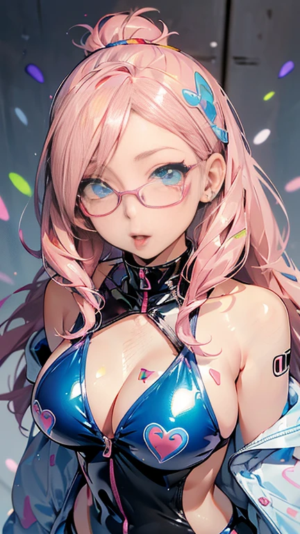Pink Hair, Shiny Hair, Pink and light blue eyes, Pink eyelashes, Beautiful Girls in Anime ,Clean small surfaces,  (Magazine Cover:1), ((from before:1.3))、((Glasses)), (Lots of stickers:1.5), 1 cute girl, Highest quality、ウルトラ - High resolution、High resolution、Detailed CG、8K Unit Wallpaper、、Beautiful and beautiful eyes,  (((Various kinds of colorful super shiny latex swimwear)))、(Shiny body,:1.5)、((Mr..々Street fashion、Oversized zip-up blouson、Long socks、Tech Sneakers))、Breast augmentation、blush, Full of embarrassment、(Ahegao:1.5, Sticking out tongue), ((Portraiture))