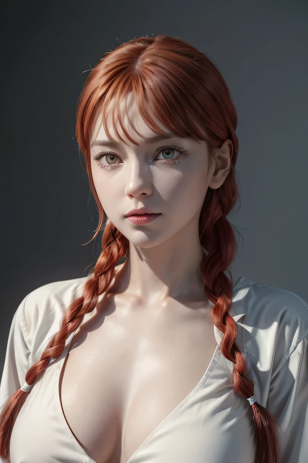 Makima, red eyes, pure white skin colour, bright red long braided hair, white button shirt, age 25, perfect shape body, perfect face, large perfect breasts, 3d, 8k hd, ultra realistic, posing to viewer