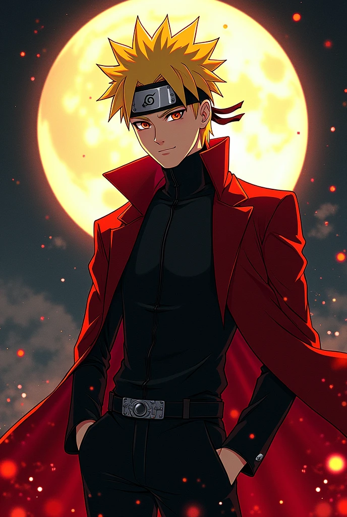 Naruto uzumaki, handsome man, wearing beautiful elegant black_red suit, dark_fantasy, yellow spiky hair, moon, pixiv, , elegant spooky, ffxiv, dramatic light, fantasy background, , Tsutomu Nihei style, vibrant colors, Manga nib pen style, dramatic lighting, beautiful_sparkle background, ((shiny )), glistening, highly detailed, light, spooky atmosphere — quality, ((more details:1.5))
