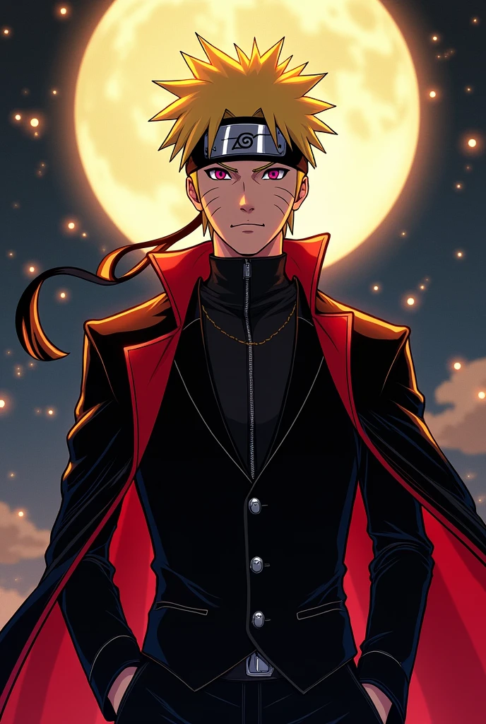 Naruto uzumaki, handsome man, wearing beautiful elegant black_red suit, dark_fantasy, yellow spiky hair, moon, pixiv, , elegant spooky, ffxiv, dramatic light, fantasy background, , Tsutomu Nihei style, vibrant colors, Manga nib pen style, dramatic lighting, beautiful_sparkle background, ((shiny )), glistening, highly detailed, light, spooky atmosphere — quality, ((more details:1.5))