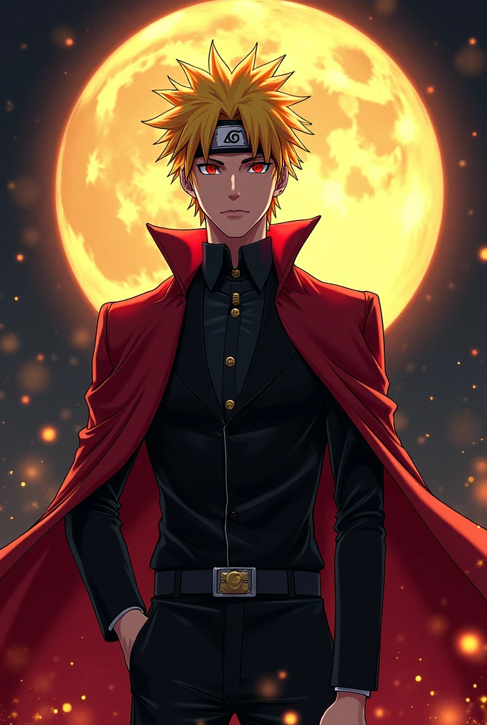 Naruto uzumaki, handsome man, wearing beautiful elegant black_red suit, dark_fantasy, yellow spiky hair, moon, pixiv, , elegant spooky, ffxiv, dramatic light, fantasy background, , Tsutomu Nihei style, vibrant colors, Manga nib pen style, dramatic lighting, beautiful_sparkle background, ((shiny )), glistening, highly detailed, light, spooky atmosphere — quality, ((more details:1.5))