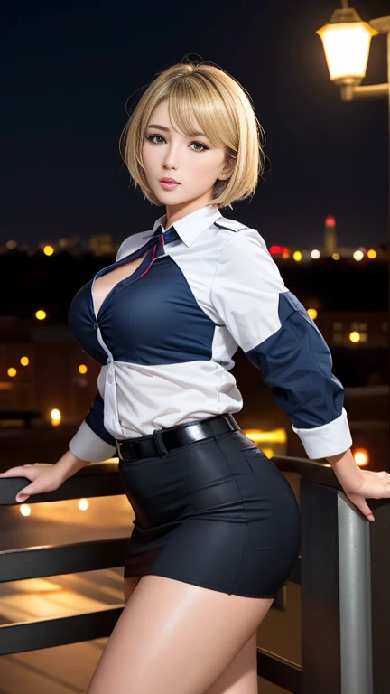 (masterpiece:1.2, Highest quality), Beautiful mature woman with a beautiful face，((45-year-old woman，Veteran Cabin Attendant)), ((Tight blue uniform 1.4)), ((White tight mini skirt 1.4)，((Shiny skin 1.3))，((Blonde short hair 1.8))，flight attendant, (Thighs), Perfect hands, (((Downtown background at night))), , Providing safety instructions, Responding to emergencies, bangs,