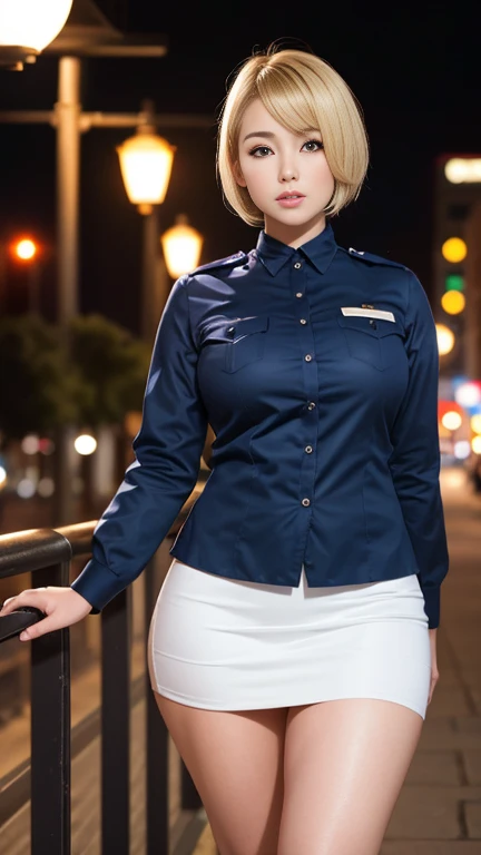 (masterpiece:1.2, Highest quality), Beautiful mature woman with a beautiful face，((45-year-old woman，Veteran Cabin Attendant)), ((Tight blue uniform 1.4)), ((White tight mini skirt 1.4)，((Shiny skin 1.3))，((Blonde short hair 1.8))，flight attendant, (Thighs), Perfect hands, (((Downtown background at night))), , Providing safety instructions, Responding to emergencies, bangs,