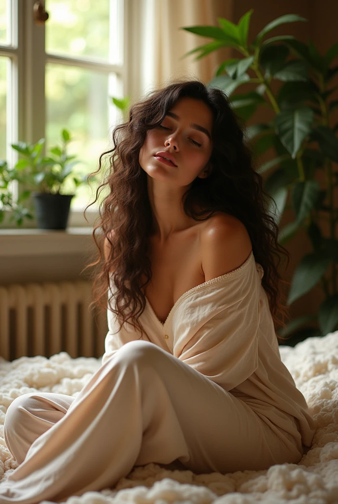 (photorealism:1.2), beautiful woman, sitting on bed, wearing loose off-shoulder top, pajama pants, long curly hair, indoors, soft lighting, plants in background, window with sunlight, cozy room, relaxed pose, realistic, intricate details, warm colors, by Greg Rutkowski, by Alphonse Mucha