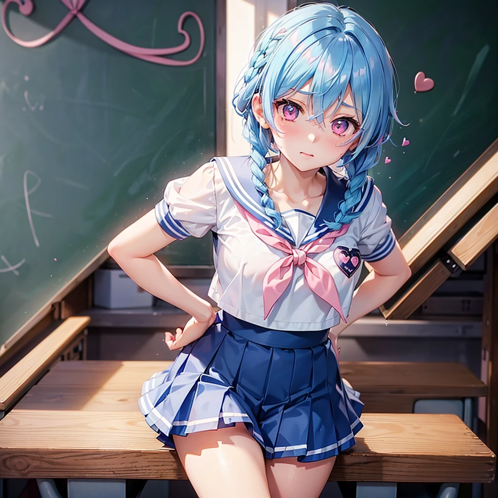 (Sky blue hair),(Braided short hair), (Pink Eyes),Fair skin) ,(whole body),(One Girl),(Embarrassed),(The background is a school classroom,blackboard),(Heart-shaped chocolate),(Hand it forward with both hands),(Sailor suit),(valentine&#39;s day),(masterpiece, Highest quality, Very detailed, Best Shadow), (Detailed Background), (Beautifully detailed face), High Contrast, (Best lighting, Very delicate and beautiful), ((Cinematic Light)), Hyper Detail,8k, Dramatic Light, Intricate details,High quality