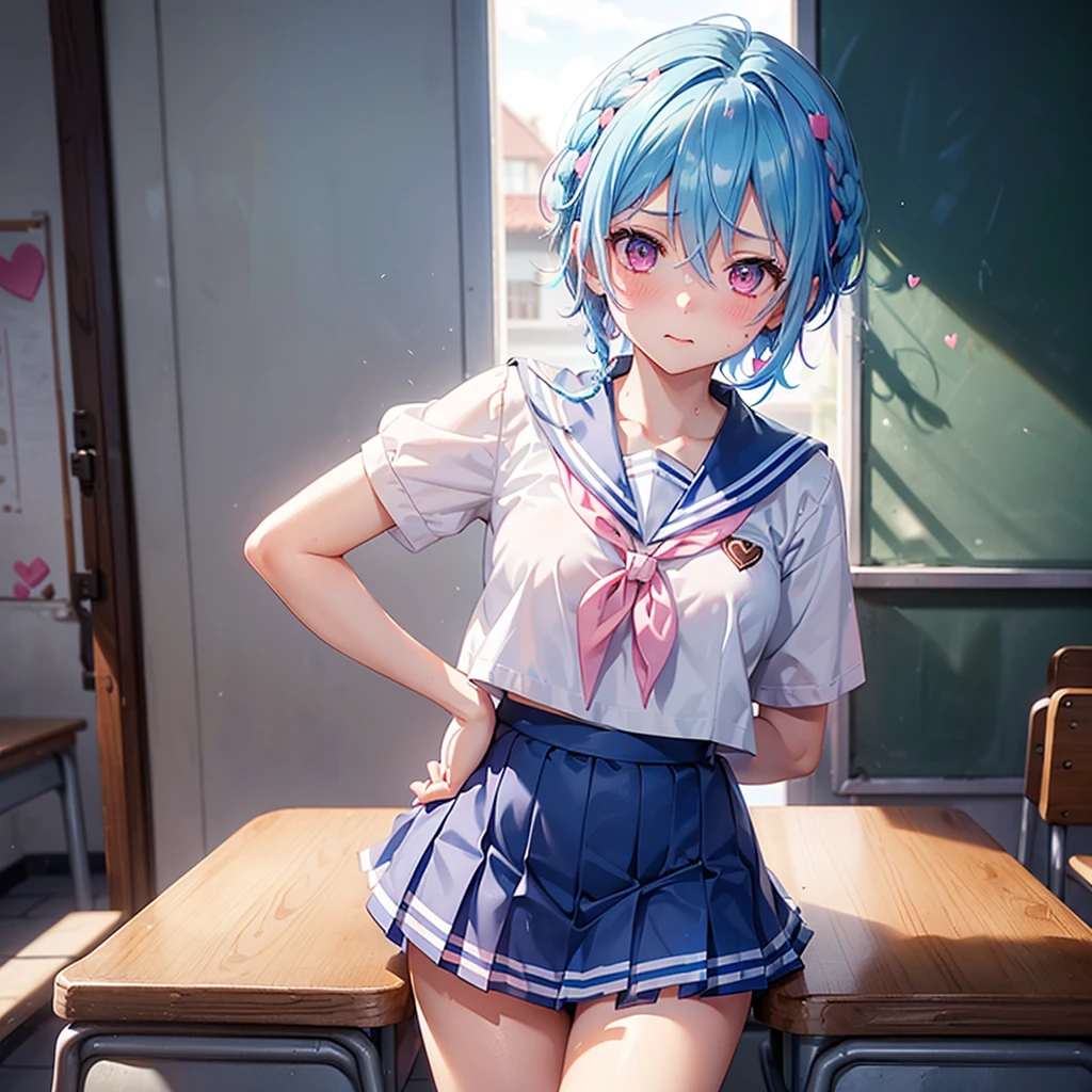 (Sky blue hair),(Braided short hair), (Pink Eyes),Fair skin) ,(whole body),(One Girl),(Embarrassed),(The background is a school classroom,blackboard),(Heart-shaped chocolate),(Hand it forward with both hands),(Sailor suit),(valentine's day),(masterpiece, Highest quality, Very detailed, Best Shadow), (Detailed Background), (Beautifully detailed face), High Contrast, (Best lighting, Very delicate and beautiful), ((Cinematic Light)), Hyper Detail,8k, Dramatic Light, Intricate details,High quality