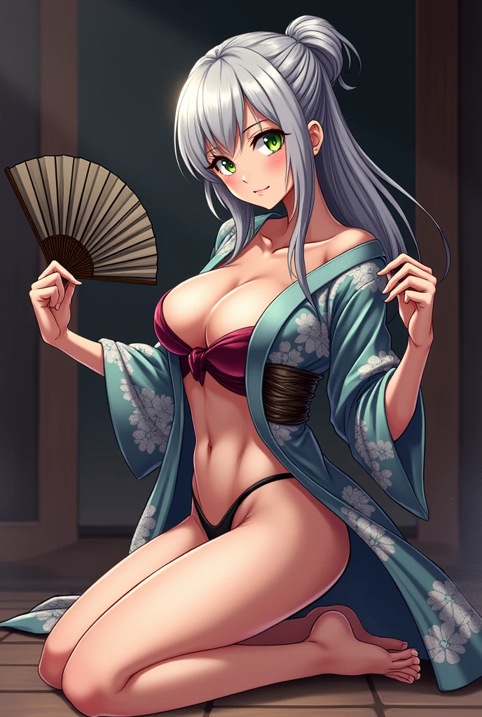 “In a sultry anime-style scene, the silver-haired character with her hair styled in a sleek bun is kneeling down with one knee raised. She wears a revealing kimono that accentuates her curves, and her green eyes are focused with a fierce intensity. As she strikes a dynamic pose, she holds a fan ready to unleash a gust of wind. The kimono’s position reveals a provocative panty shot, enhancing the scene’s seductive allure. The background is dramatic and emphasizes the energy and power she is about to release from the fan, capturing her both as a formidable force and a figure of sensuality.”