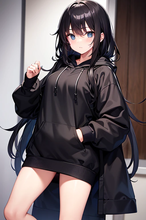 A teenage girl with a black Hoodie, she has a long black hair