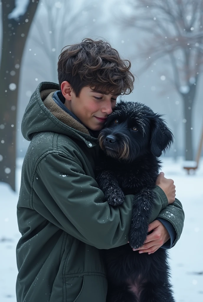 Old dog abandoned , black dog, snow fall, swing , park, age man with a old dog , 17 year old male teen