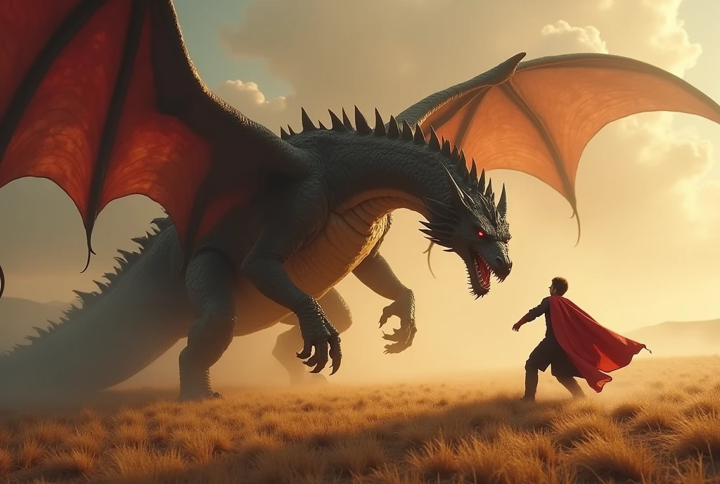 A powerful, close-up image of a hero fighting a dragon on a vast plain.