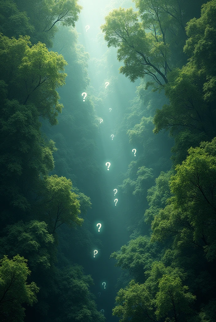 Aerial view of the forest, now with question marks floating over it