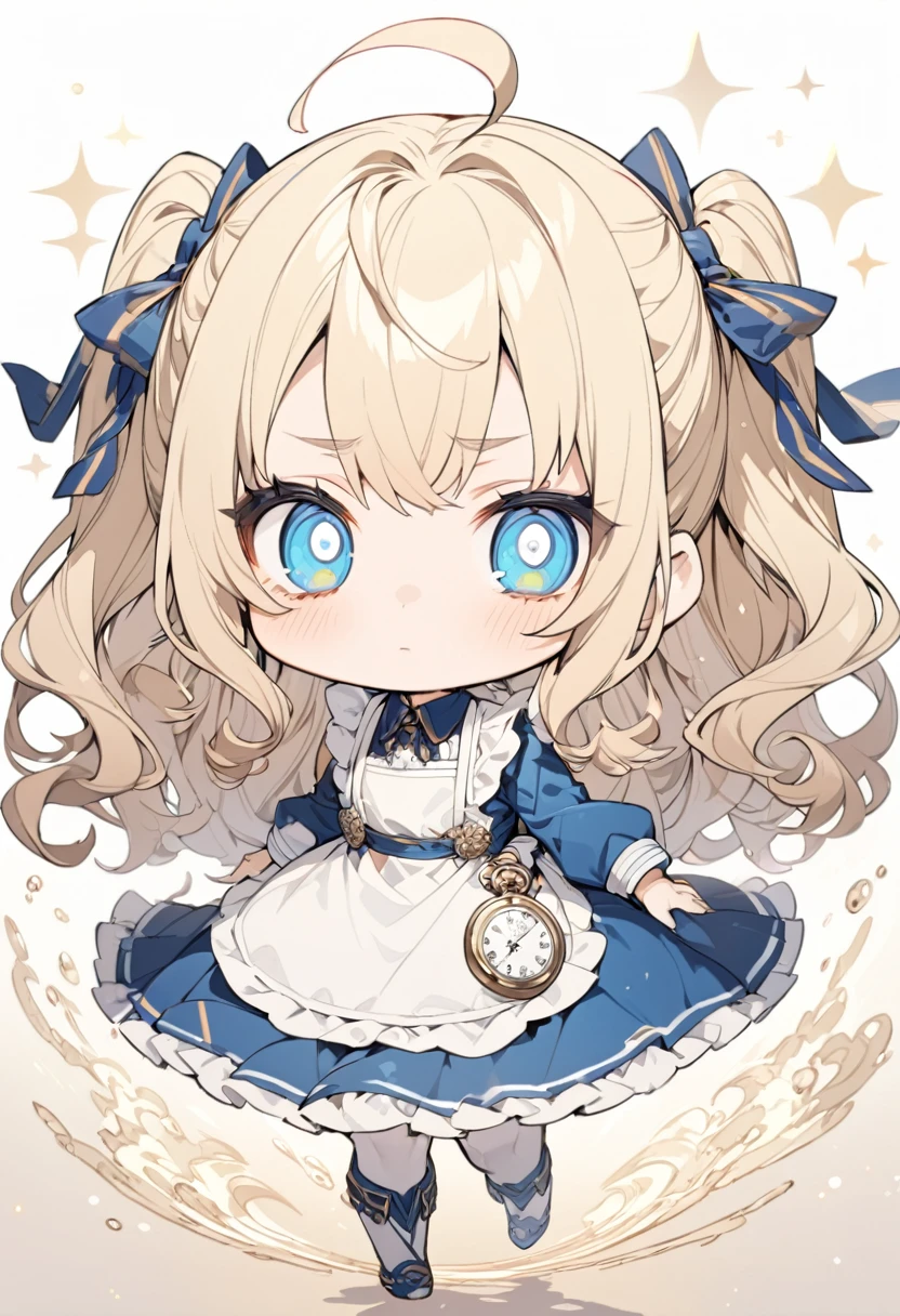 female child, loli, troubled, serious look, looking at viewer, Looking Up, ahoge, semi long, blonde, blue eyes, radiant eyes, big eyes, pale skin, chibi, big hair ribbon, blue dress with white apron, walking, Steppe with The road where the pocket watch is floating sepia-toned, masterpiece, best quality, detailed, ultra detailed, hyper detailed, insanely detailed, exquisite, beautiful, Full-HD, 16K, cute, fantasy, vibrant academia, chibi anime, icon, soft lines, soft surface, simple line drawing, full body shot, front view, golden ratio, golden triangle, lens flare, best light, fast shutter speed, depth of field, highly saturated colors, vibrant colors, pale colors,