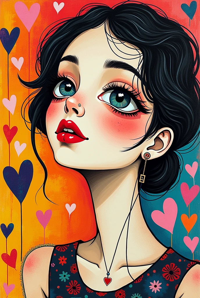 Vasily Kandinsky colorful style, Simple Line Initialism,Abstract art,(((The most beautiful girl of all time))), Sweet face. (((Lips in love))), colorful hearts, stylish design, 夏のオシャレなTシャツ, 黒い瞳,