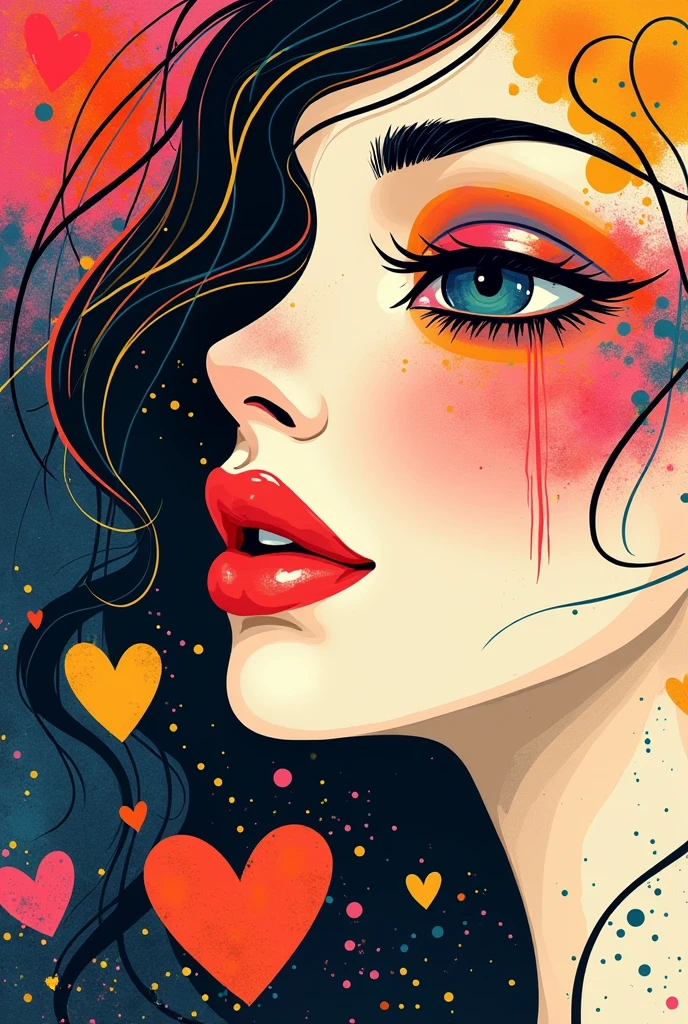 Vasily Kandinsky colorful style, Simple Line Initialism，Abstract art，(((The most beautiful girl of all time))), Sweet face. (((Lips in love))), colorful hearts, stylish design, 夏のオシャレなTシャツ, 黒い瞳,