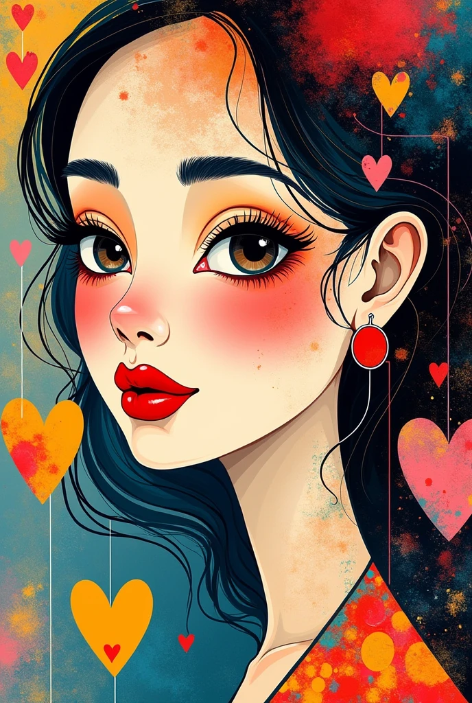 Vasily Kandinsky colorful style, Simple Line Initialism,Abstract art,(((The most beautiful girl of all time))), Sweet face. (((Lips in love))), colorful hearts, stylish design, 夏のオシャレなTシャツ, 黒い瞳,