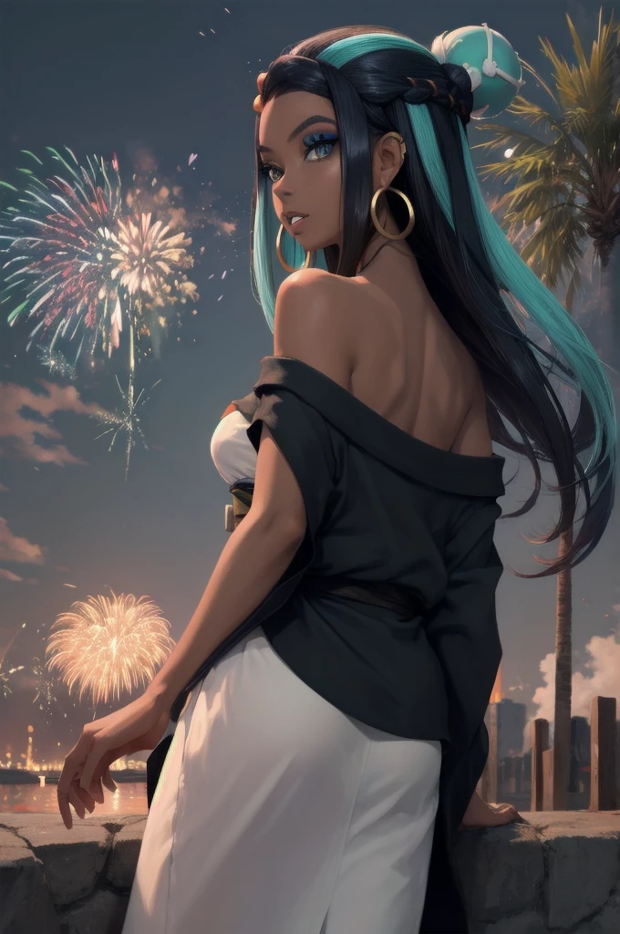 masterpiece, best quality, solo, 1girl, nessarnd, dark skin, makeup, parted lips, looking back, single hair bun, kimono, off shoulder, hoop earrings, bare shoulders, fireworks