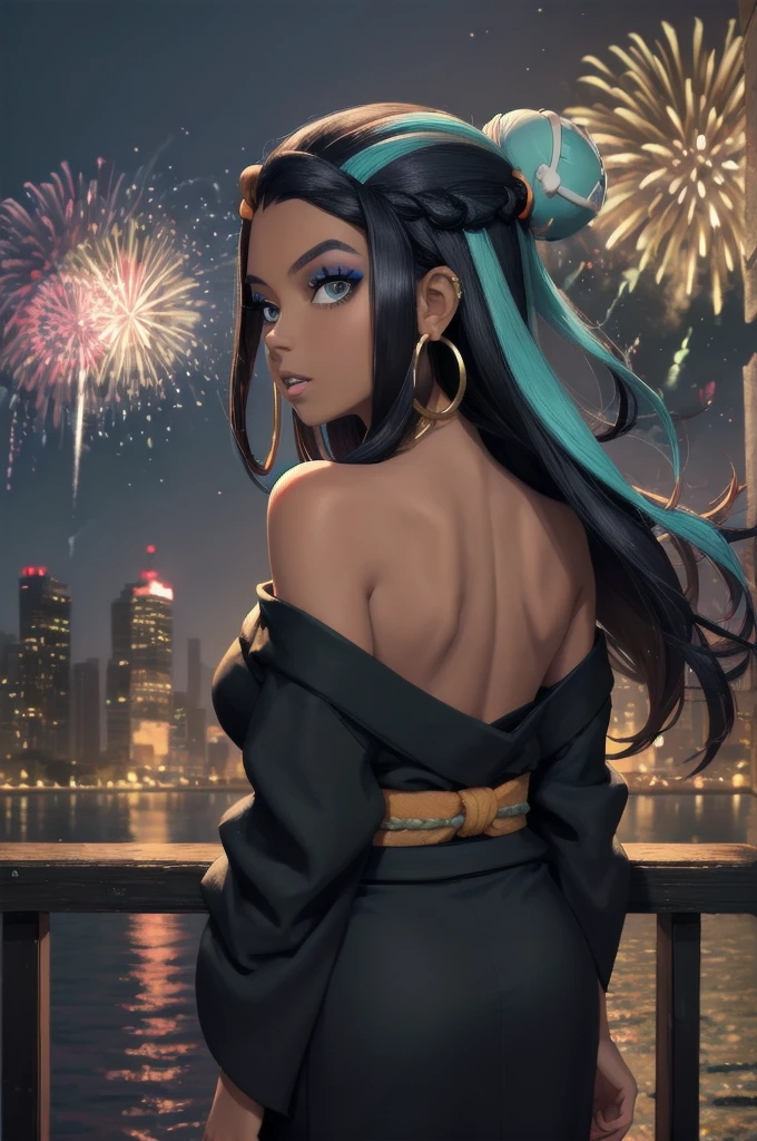 masterpiece, best quality, solo, 1girl, nessarnd, dark skin, makeup, parted lips, looking back, single hair bun, kimono, off shoulder, hoop earrings, bare shoulders, fireworks