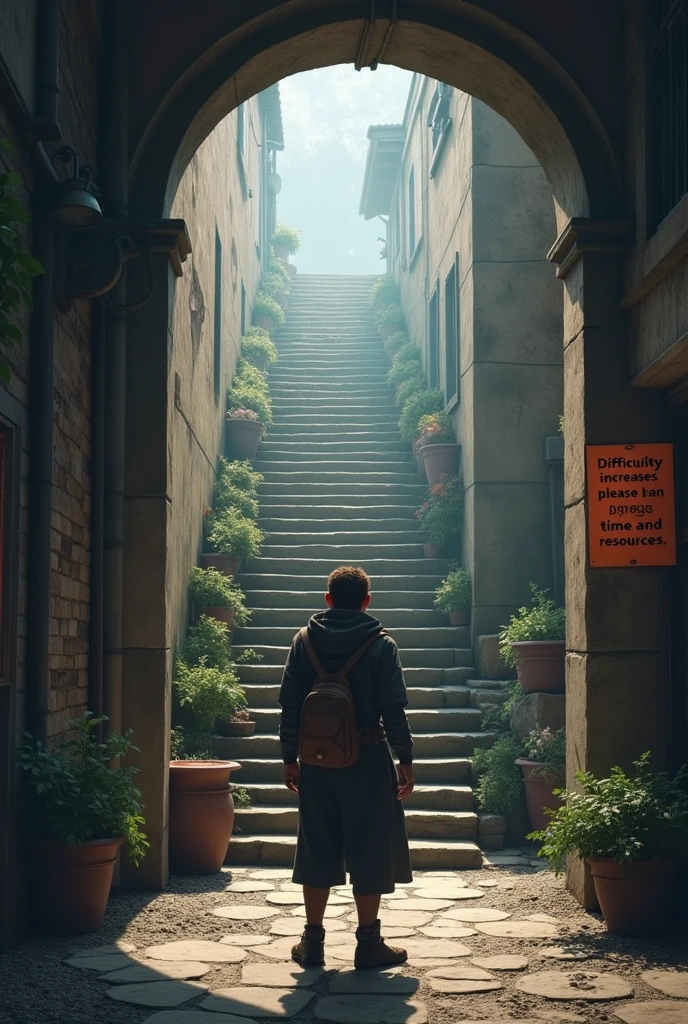 Player at game entrance, facing a rising staircase. A sign next to the stairs reads: 'Difficulty increases, please plan your time and resources.' Clear and motivational scene.