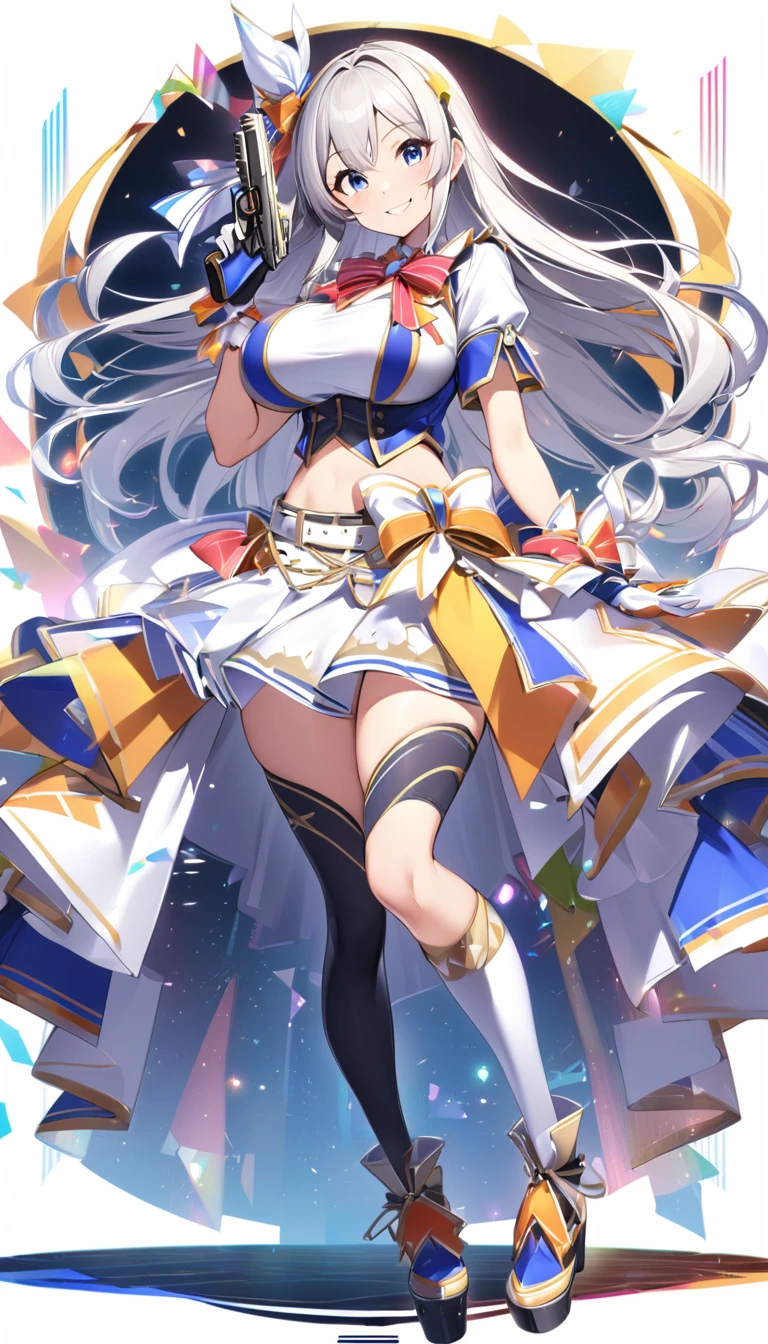 girl,big breasts,Idol costume,scart,midriff, gloves,smile,Knee-high socks,full body Shot,hand pistol,
