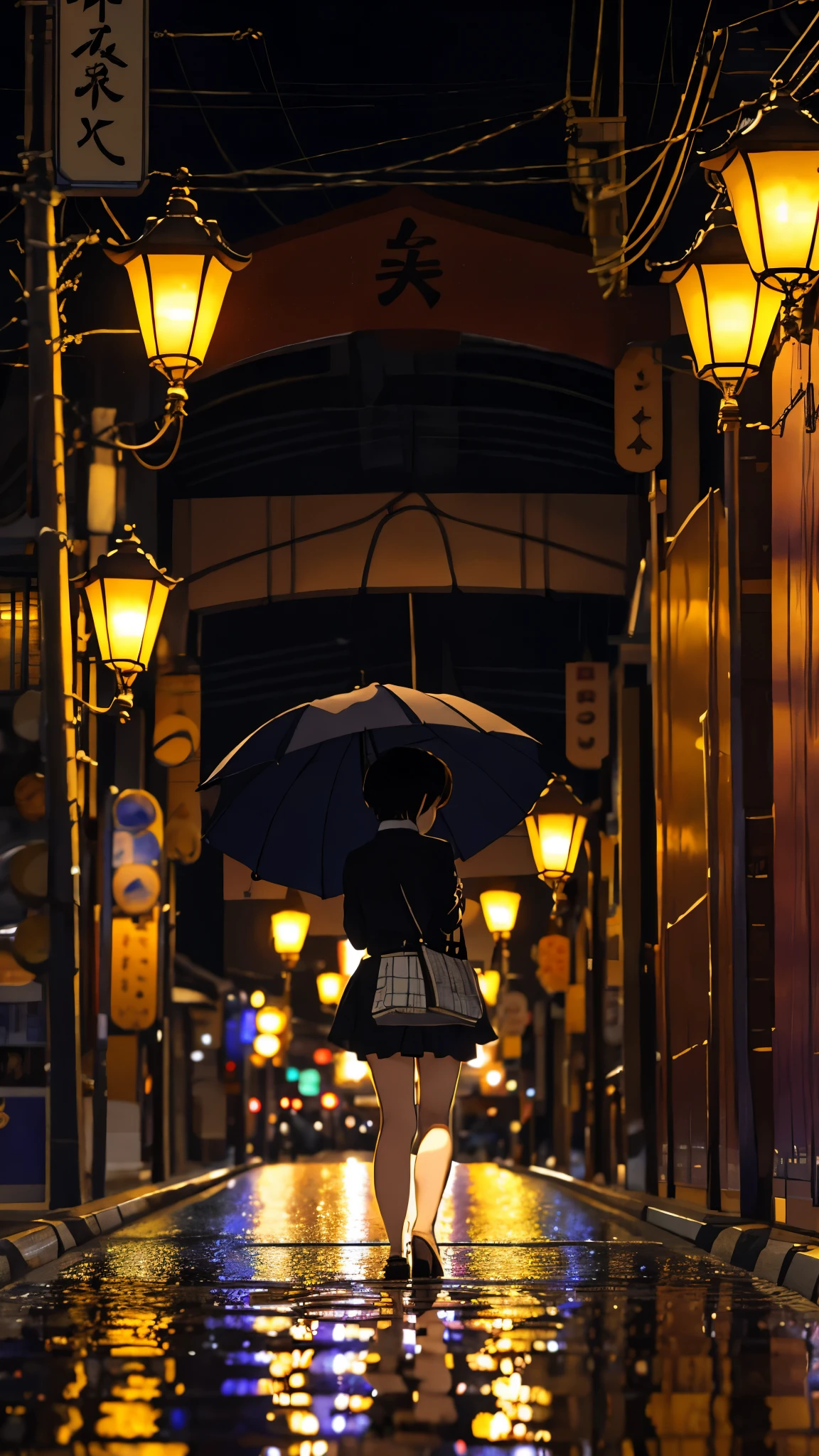 Osaka night, raining day, without crowded, masterpiece, best quality, high quality,extremely detailed CG unity 8k wallpaper, HDR, Chromatic Aberration ,Photorealistic,extremely detailed, trending on artstation, trending on CGsociety, Intricate, High Detail, dramatic, art by midjourney Young Woman、Short Hair、One person、breast enhancement、Japanese、Summer suit、Short skirt、Gazing at the bridge、Tears flowing、