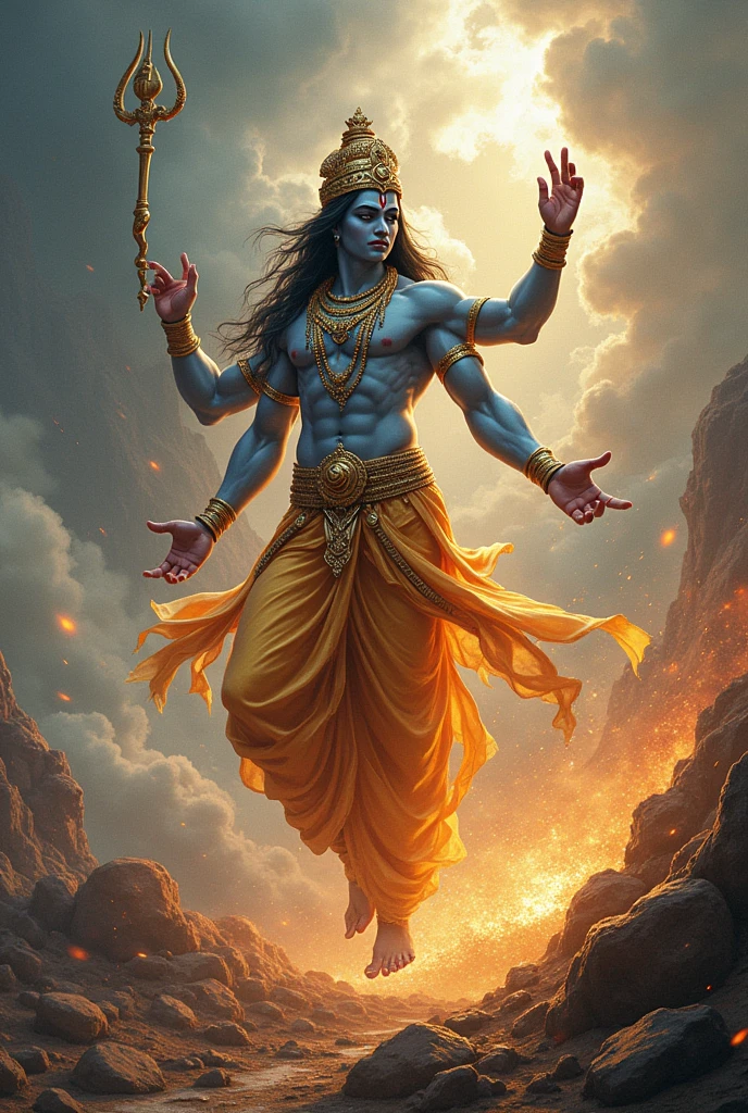Vishnu’s Intervention:** To restore cosmic balance, Lord Vishnu intervenes, leading to the dismemberment and scattering of Sati’s body across the land. ( Chakr in Vishnu's hand and Vishnu with only four hands )
