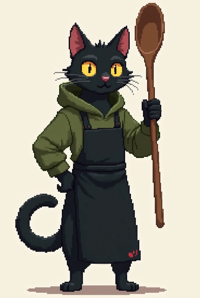 (pixel art), skinny male black cat, wearing a olive hoodie and a black chefs apron, holding a big wooden spoon like a sword