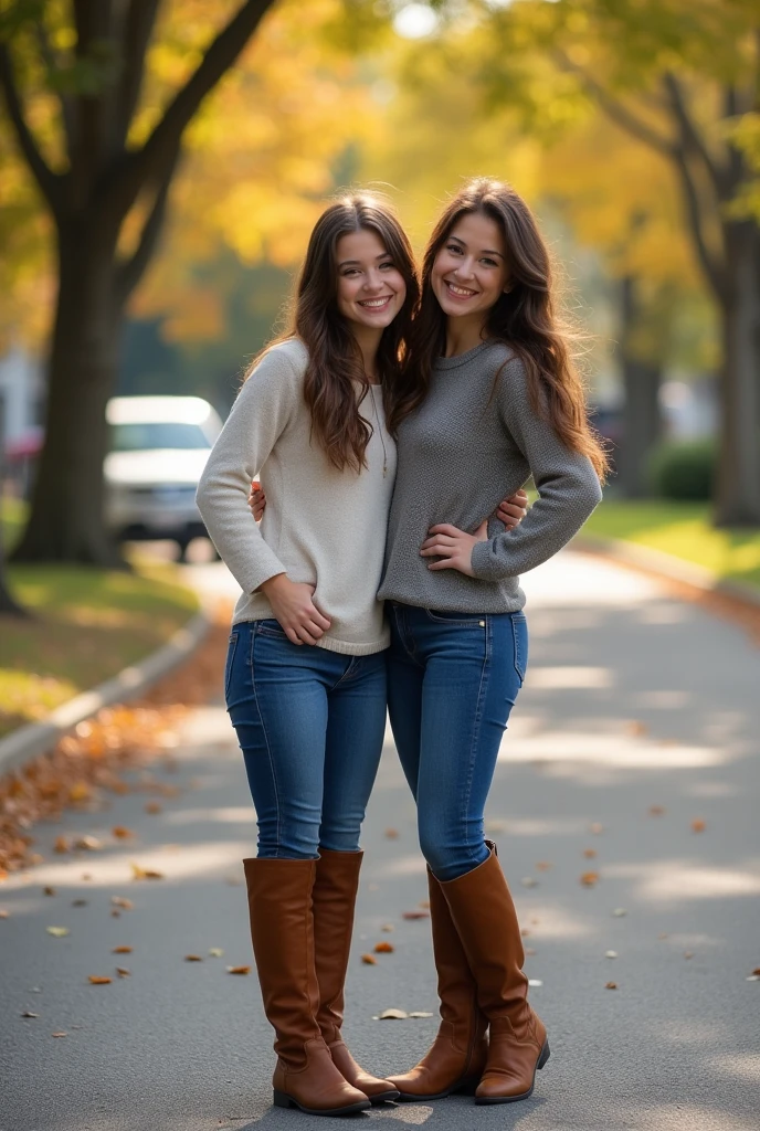 Show entire body, Feet in view, Aerial photography, anger, twins , Brown hair, skirt, black tights, neighborhood, Sunny day, smiling,