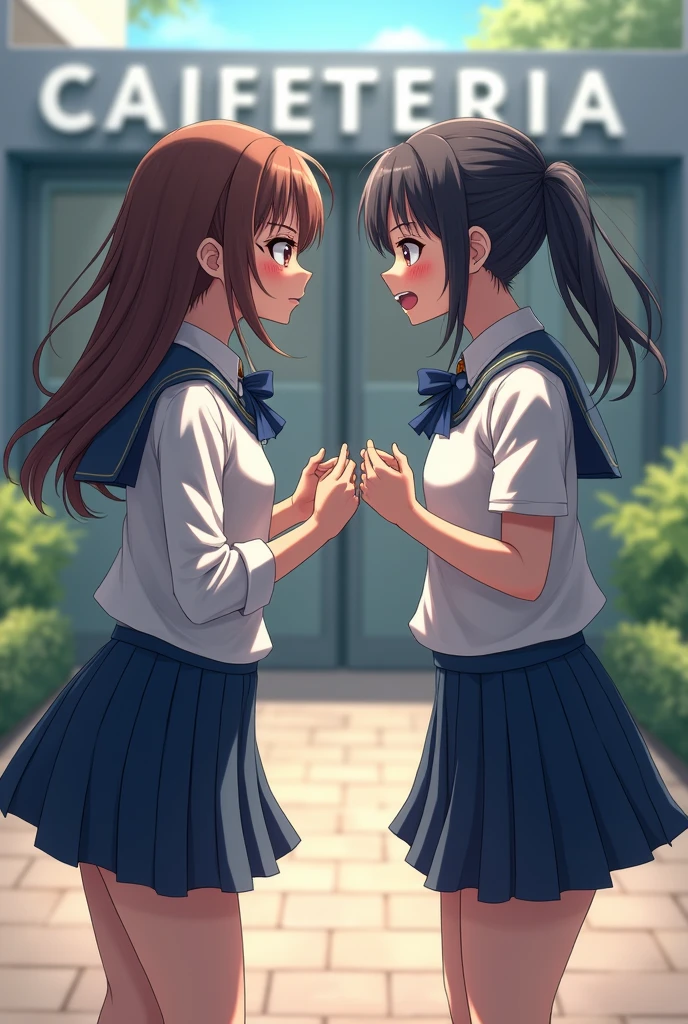 A school girl with pigtails and glasses and a school girl with tied hair No glasses are standing and arguing in front of the cafeteria.