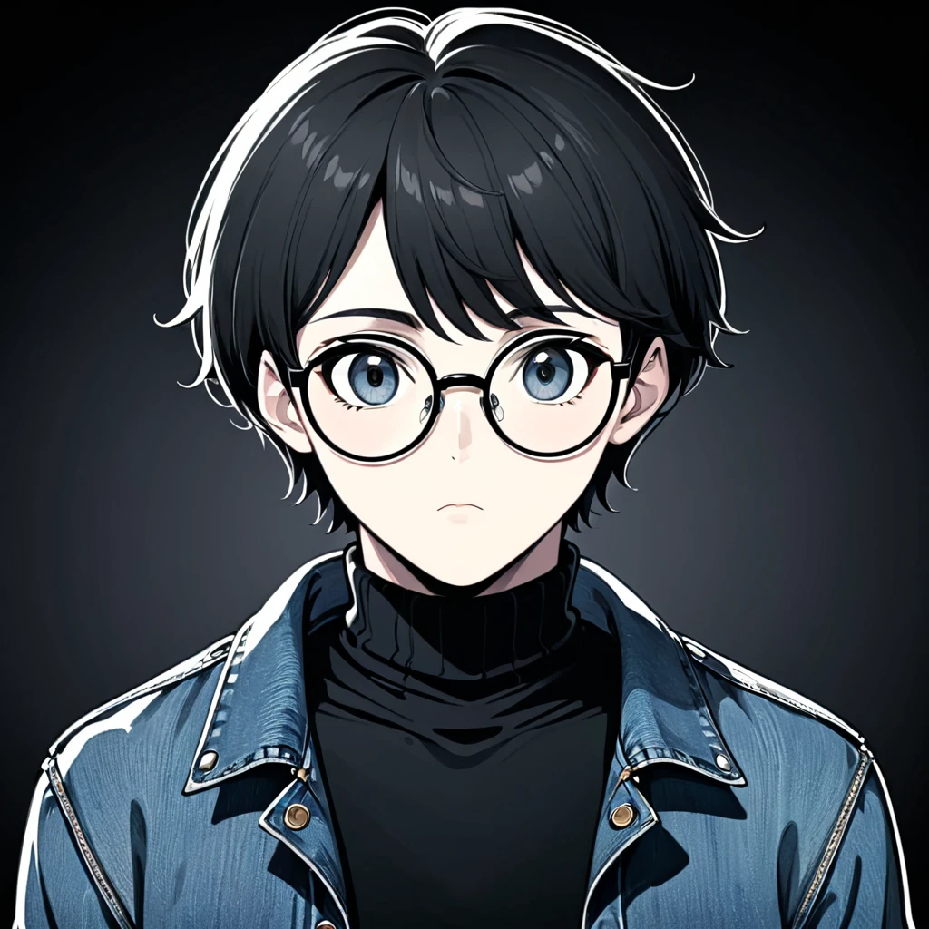 Line art, Manga style, draw, art, handsome boy, bitch face, circle glasses, lazy eyes, empty eyes, short hair, looking at viewer, denim jacket, black turtleneck, upper body.