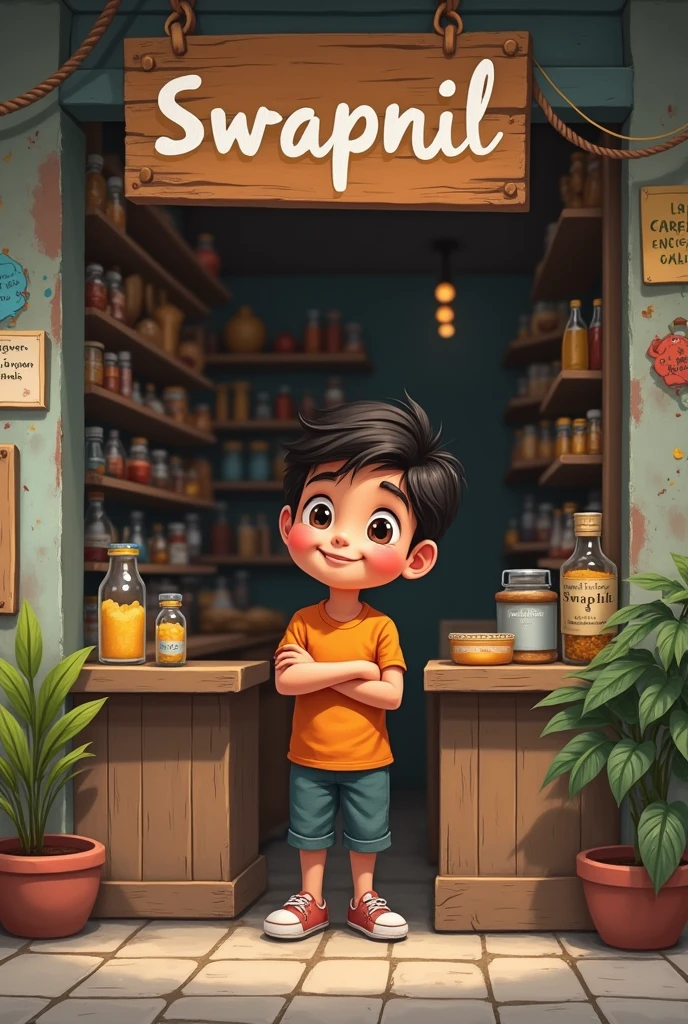 A boy with a small shop ,name of a shop is swapnil
