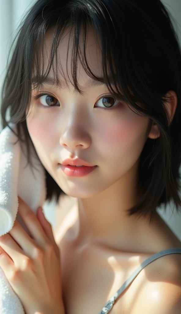 (Highest quality,masterpiece:1.3,Ultra-high resolution,),(Ultra-detailed,Caustics),(Photorealistic:1.4,RAW shooting,)Ultra-Realistic Capture,Very detailed,High resolution 16K human skin closeup。 The skin texture is natural、,Pores、It must be detailed enough to be easily identifiable.。 Skin should look healthy and have an even tone。 Use natural light and colour,(Wet your hair),(Hold the towel with your hand:1.2),(Dry your hair with a towel:1.2),With a girl,Japanese,20-year-old,cute,Laughter,Black-haired,shortcut,Wearing a camisole,Shorts,Regular size,(Bust up shot)