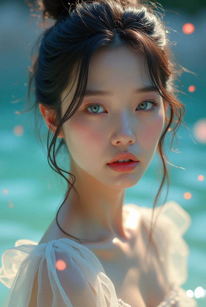 (Realistic) Insanely beautiful asian lady with messy bun hairstyle, so beautiful that her beauty transcends heaven , blue eyes so beautiful looks like stars in night sky , cute and attractive facial expressions, incredibly soft skin like an angel , natural skin color, natural breasts, godly perfect body (highly detailed) , cinematic lightings , wearing a simple yet angelic dress (highly detailed) , incredible alluring lips , full body image highly detailed from top to bottom