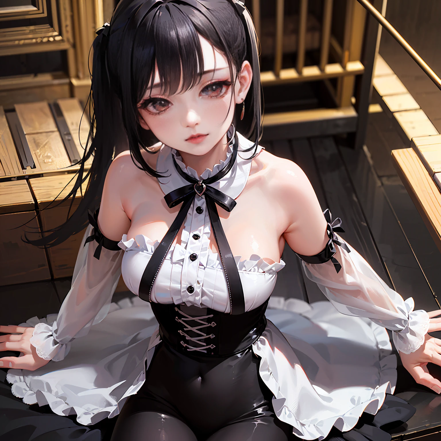 (8k, RAW Photos, Very delicate and beautiful, Ultra-high resolution, Highest quality, masterpiece: 1.2), (Real、Photorealistic: 1.4), (Highly detailed 8K wallpapers, 3d), Cute girl like a doll, highly detailed dress, Gothic, , Big ribbon, Twin tails, Blunt bangs, Highly detailed glossy black hair, Transparent white skin, Pink Cheeks, Big, round brown eyes, Tear bags, Long eyelashes, Thin lips, slightly raised corners of the mouth, round face, Simple Background, From above, Looking at the camera, Cinematic, Dramatic, In the Studio, The best light, Backlit, Perfect composition,